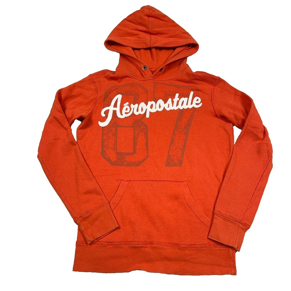 Vintage Y2K Aeropostale Hoodie Men XS Orange Sweatshirt Spellout 87 New York